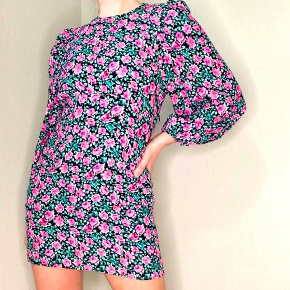 Zara floral black pink puff-sleeve short dress | Size S